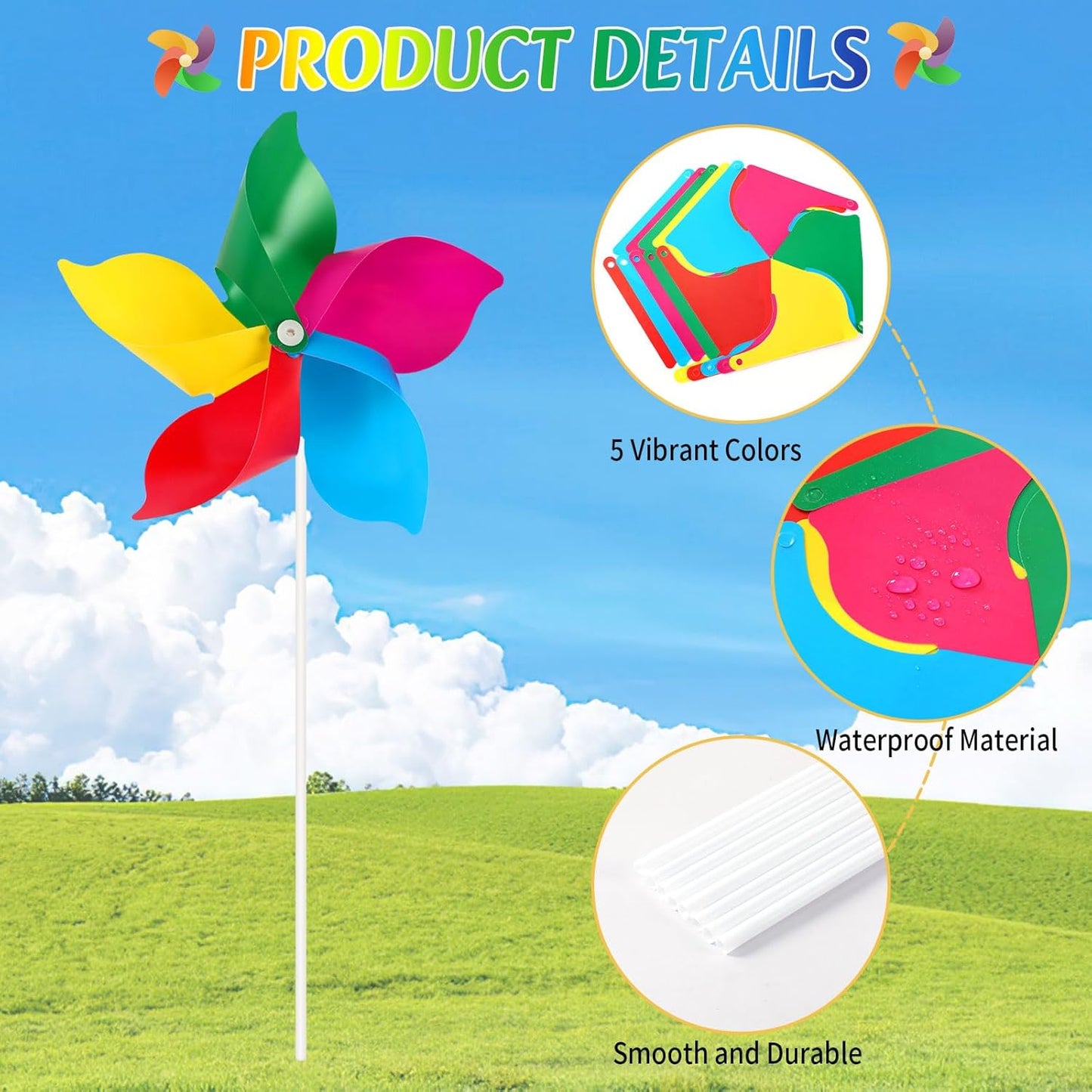 NOVWANG 20 Pack Rainbow Pinwheels, Kids' Party Gifts Flower Wind Spinners, DIY Windmill Crafts, Festival Birthday Colorful Outdoor Decorations for Garden, Lawn, Yard, Patio, Camping, Park