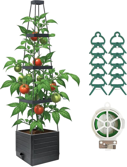Raised Garden Bed Planter Box with Trellis, 58”Tomato Planter with Trellis for Climbing Plants Vegetables Vine Flowers, Self-Watering Tomato Cage for Garden Patio Outdoor & Indoor