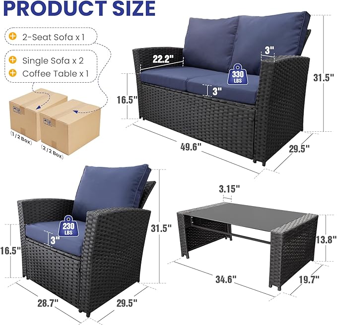4 Piece Outdoor Patio Furniture Set,Wicker Conversation Sets Outdoor Sectional Patio Sofa Couch with Cushions & Coffee Table for Outside, Garden, Balcony, Porch,Black/Blue