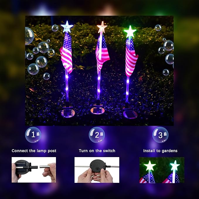 4PCS American Flag Lights 4th of July Solar Patriotic Lawn Light, Garden Stake Light LED Landscape Light Pathway Light for Independence Day Memorial Day Decor(Color Changing-Star)