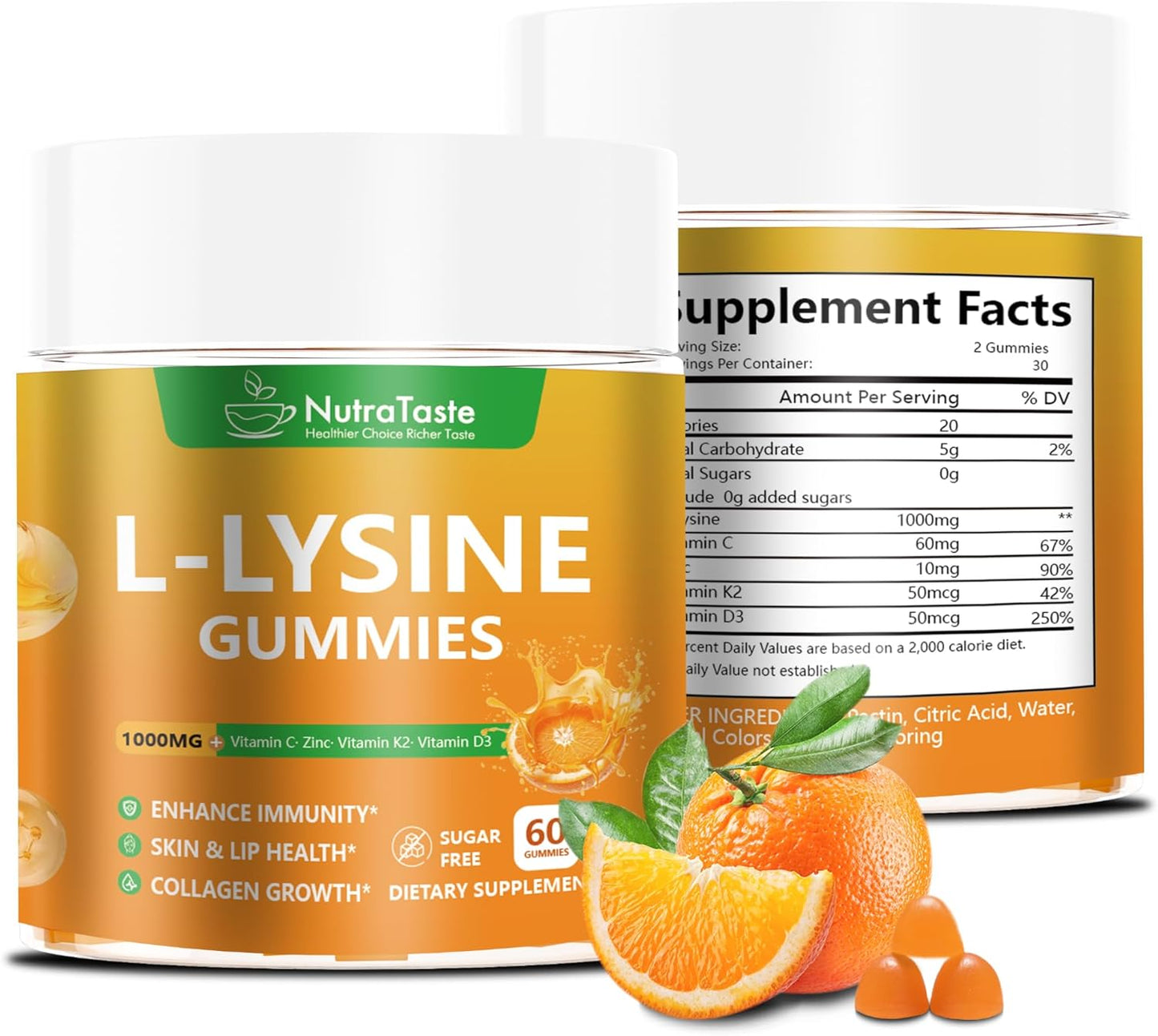 L-lysine Gummies 1000mg, Chewable Lysine Supplement with Vitamin C, D3, K2 & Zinc, Enhance Immunity, Lips & Skin Health, Collagen Growth, Sugar-Free, Gluten-Free, 60 Count (Pack of 2)