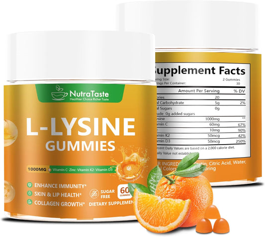 L-lysine Gummies 1000mg, Chewable Lysine Supplement with Vitamin C, D3, K2 & Zinc, Enhance Immunity, Lips & Skin Health, Collagen Growth, Sugar-Free, Gluten-Free, 60 Count (Pack of 2)