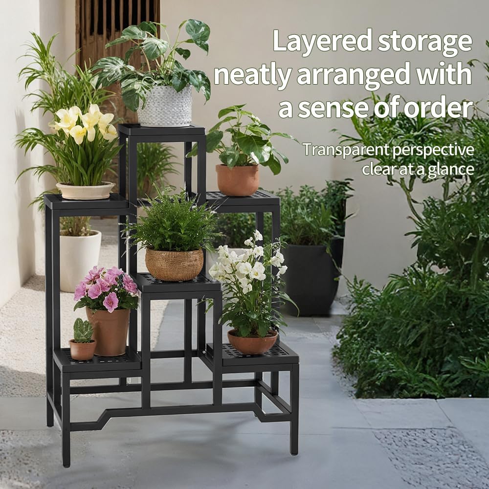 Plant Stand - Aluminum Indoor/Outdoor Flower Rack, Waterproof & Rust-Proof, Stable Support for Pots, Perfect for Living Room, Balcony, Garden, and Office (Black, 6 Tier)