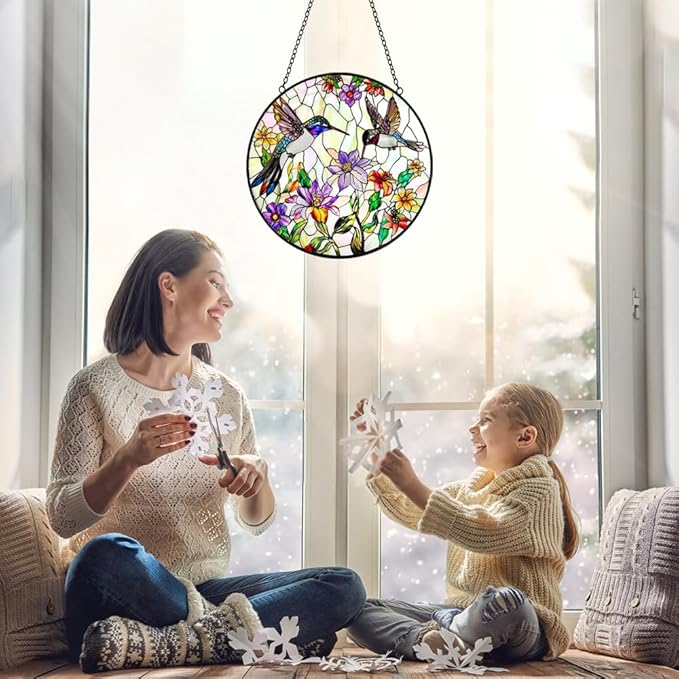 Hummingbird Suncatcher Stained Glass Window Hanging - Bird and Flowers Suncatchers for Windows - Sun Catchers Indoor Window Wall Art Home Decor Panel - Hummingbird Gifts for Women Men Mom Bird Lovers