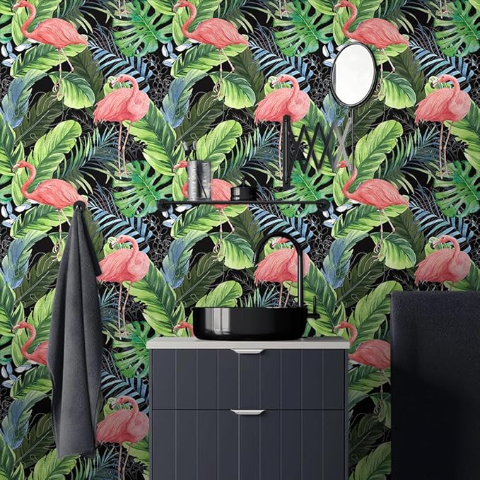 Hawaii Tropical Flamingo Palm Tree Peel and Stick Wallpaper Self Adhesive Removable Easy Peel Off Stick on Wall Paper for Bedroom Cabinet Renter