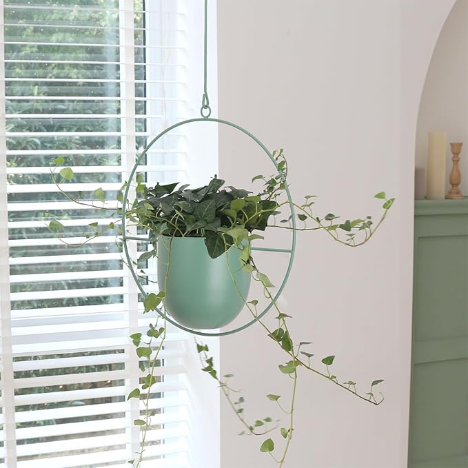 Hanging Planters 2 Pack Boho Mid Century Hanging Plants Hangers Metal Wall Ceiling Flower Pot Indoor Outdoor Vine Holder Room and Window Decor(Green)