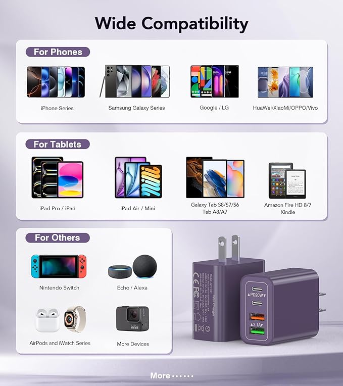 [2Pack] 40W USB C Plug,4-Port Fast Charger Block PD+QC 4 Port Charger Cube Wall Charging Box Brick for Samsung Galaxy S22/S21+/S21 Ultra,Magsafe Wireless Charger,iPhone 16/16 Pro Max/15/14/13(Purple)
