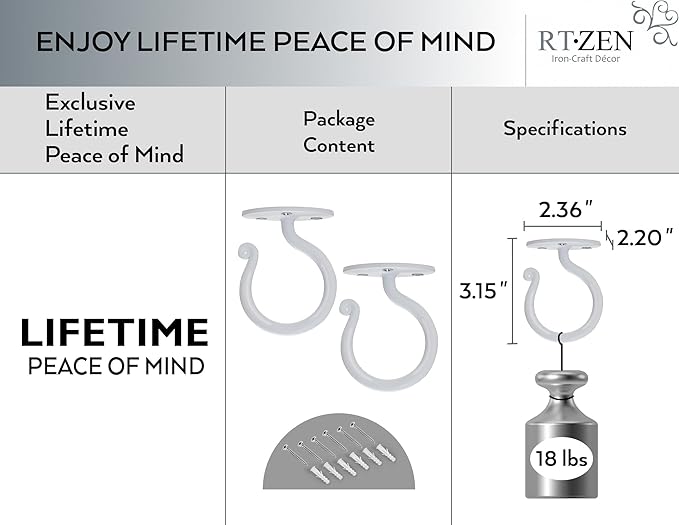 RTZEN Plant Hangers Outdoor or Indoor - Wrought Iron Metal Hanger Indoor Hook - Heavy Duty Wall Bracket Hooks for Hanging Plants Baskets Lanterns Wind Chimes - 2 Pack (White Ceiling Hooks)