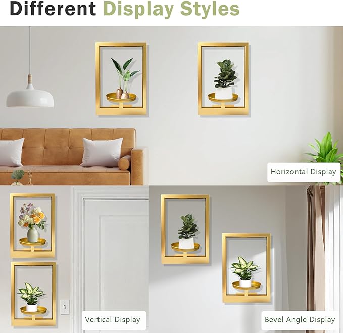 Picture Frame Plant Holder, Window Planter Hanger Shelves,Wall Mount Plants shelf Indoor Outdoor, Metal Hanging Planters Stand Decor,Modern Floating Ornament Rack Art for Home & Garden (Gold 2pc)
