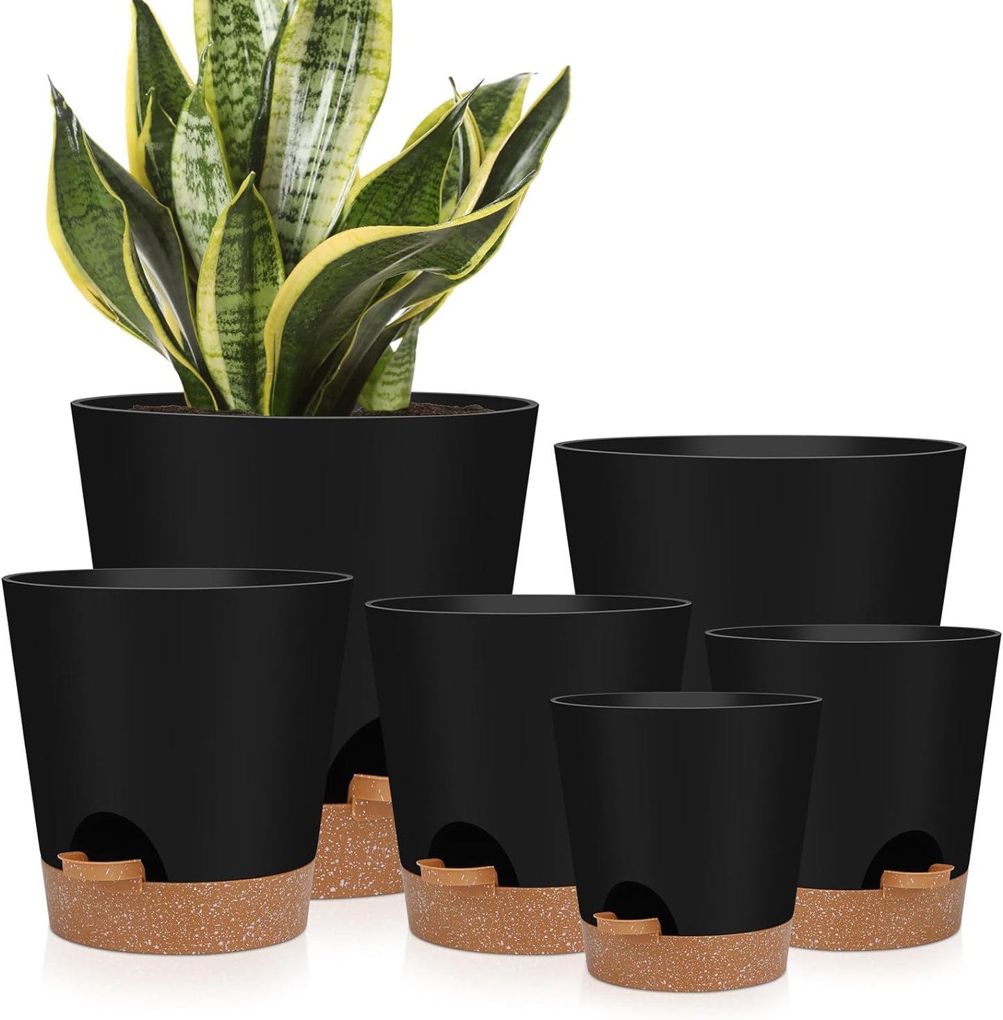 Indoor Self Watering Planters with Drainage Holes and Saucers, 8, 7, 6.5, 6, 5.5, 5 Inches, Black, 6 Pots