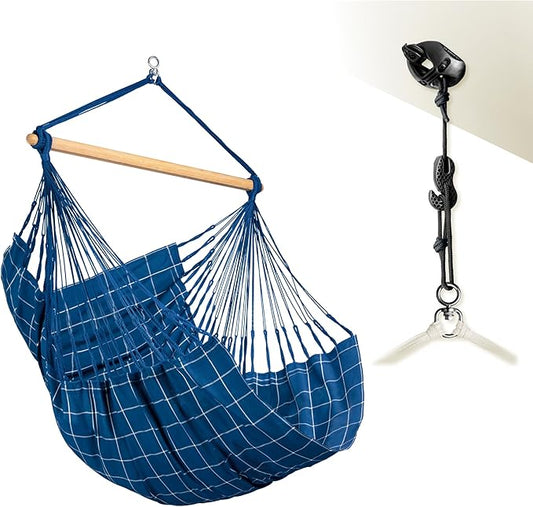 LA SIESTA® - XL King Domingo Hammock Swing Chair & CasaMount - Weather & Tear Resistant Hanging Chair - Outdoor Indoor Hammock Chair w/Suspension Kit for Walls Ceilings Square Beams - Marine