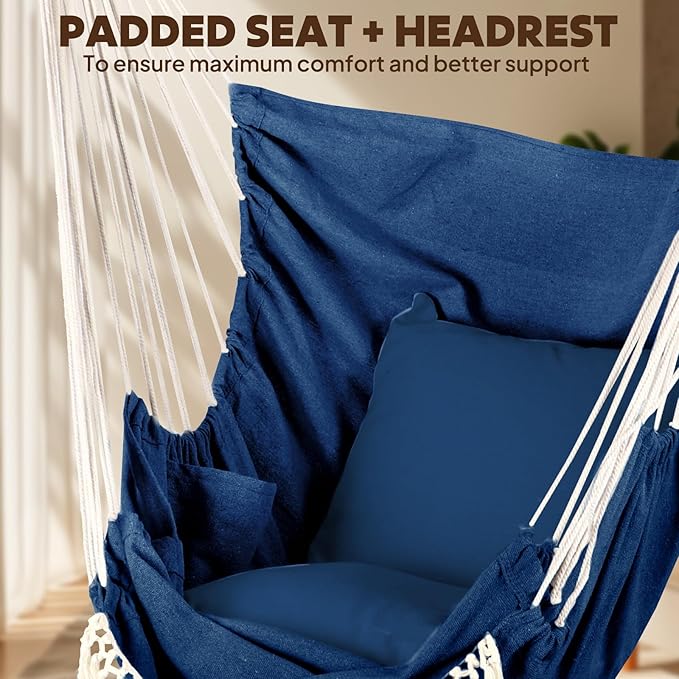 Chihee Hammock Chair Hanging Chair with Foot Rest 2 Cushions Max 500lbs Robust Metal Spreader Bar Collapsible Easy Storage Soft Cotton Swing Chair Strong Strap Iron Carabiner Side Pocket Included