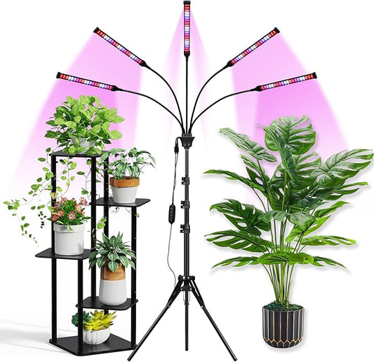 Grow Lights for Indoor Plants Full Spectrum with Stand and Timer, (Red+Blue+White) 5 Heads LED Plant Lights for Indoor Growing, Standing Floor House Plant Lamp for Seed Starting.