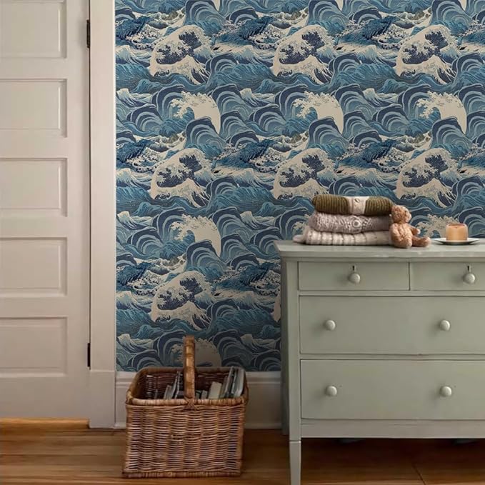 Hand Drawn Blue Sea Wave Reef Peel and Stick Wallpaper Self Adhesive Removable Easy Peel Off Stick on Wall Paper for Bedroom Cabinet Renter Friendly