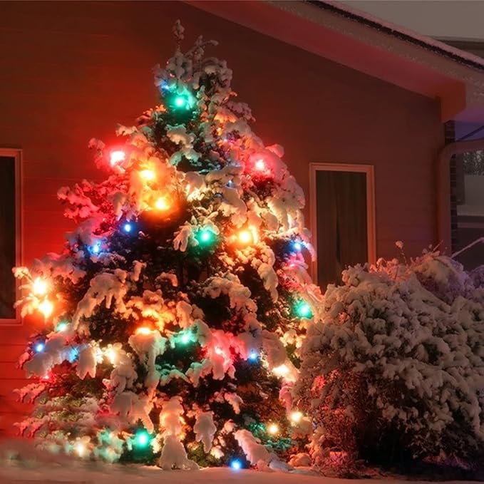 25Ft C7 Vintage Christmas Lights Multicolor - 27 Colorful Ceramic Bulbs, Hanging Outdoor for Tree, Party, Prom, Wedding, Holiday, Patio Decor - White Wire