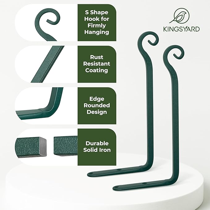 Kingsyard 2-Pack Wall Plant Hanger Outdoor - Heavy Duty Metal Hanging Bracket Hooks for Hanging Plant Bird Feeders Lanterns Wind Chimes Outdoor & Indoor, 15-Inch/Green