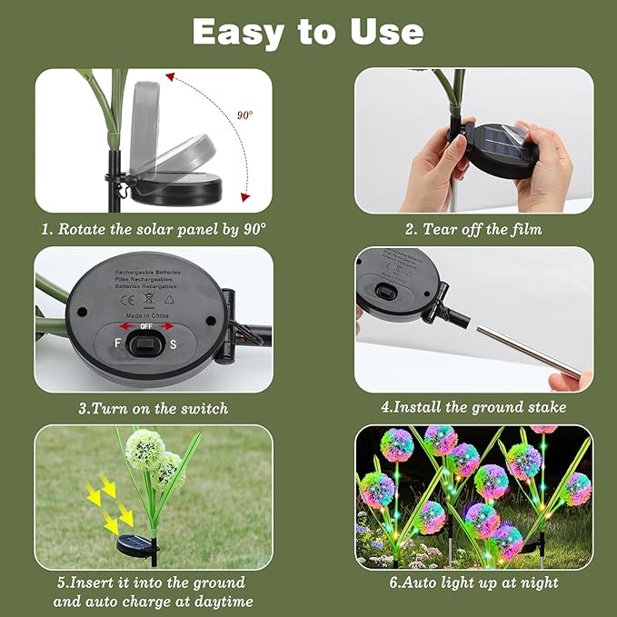 4 Pack Solar Garden Lights, Solar Flowers Lights with 4 Blooming Dandelion Flowers, Waterproof Solar Lights Outdoor for Yard Porch Patio Backyard Pathway Gardening Gifts, 2 Lighting Modes