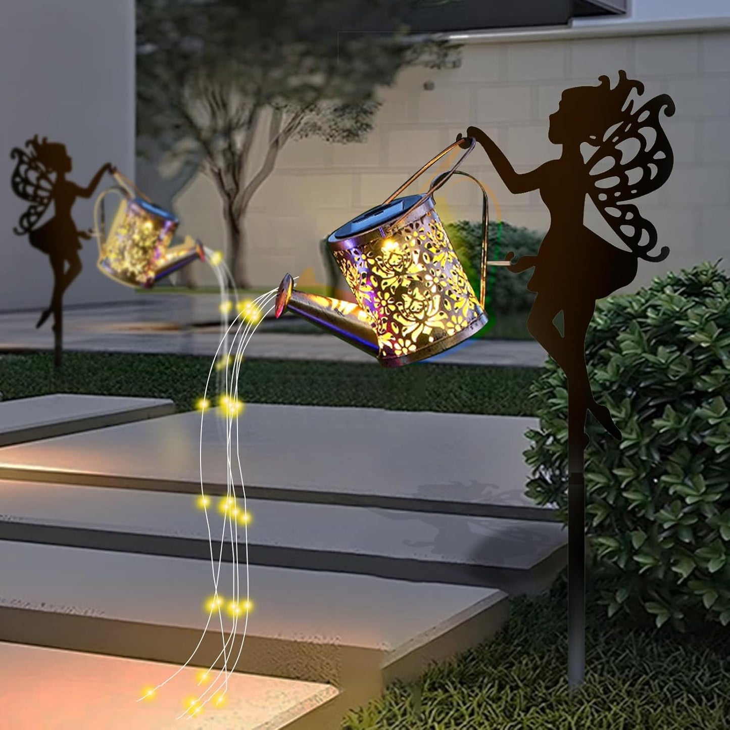 2 Pack Solar Garden Lights, Fairy Sprinkling Water Lights with 6x6 LEDs, Solar Powered Pathway Lights with Iron Fairy Decor for Yard, Garden, Patio Décor (2 Fairy Lamps)