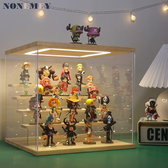 NONEMEY Clear Acrylic Display Case Stand with LED Light 2/3/4/5/6 Tier Storage Box Showcase Dustproof Organizer Box for Collectibles (5Tier 12.4*12.2*12inch )