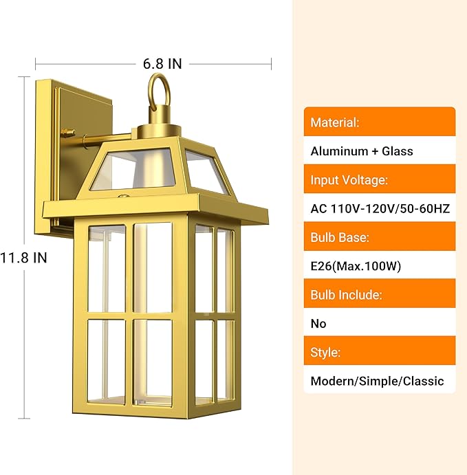 WIHTU Outdoor Wall Lantern, Porch Lights with Glass Shade, Waterproof Sconce Light, Aluminum Exterior Lighting Fixture, Anti-Rust Front Door Outdoor Lights for House, Gold