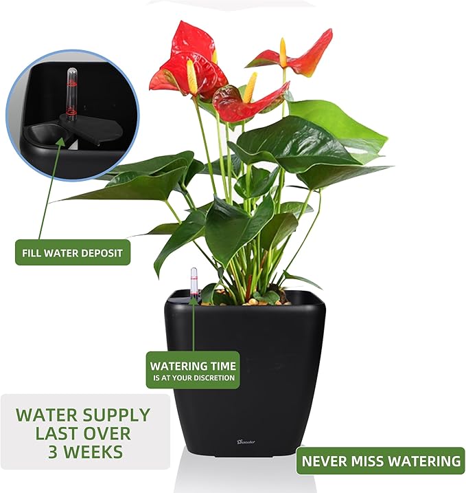 Dexceder 15x14 Self Watering Planter with Wheels Indoor Outdoor, Inner Mat Design, Thickened Large Floor Standing Flower Plant Pot with Water Level Indicator (Black Matte)