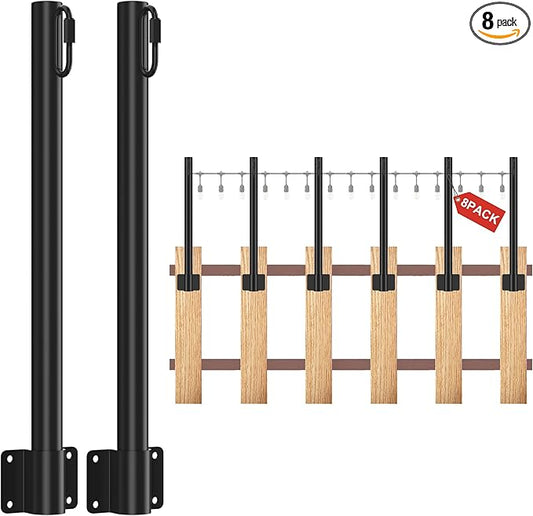 Suchtale 8 Pack 1.3 FT String Light Poles, Suspension Outdoor Fence Post Lights with Clip and Bracket, Outside String Lights Hanging, Wall Mounting Stand for Patio Garden Backyard Wedding Party, Black