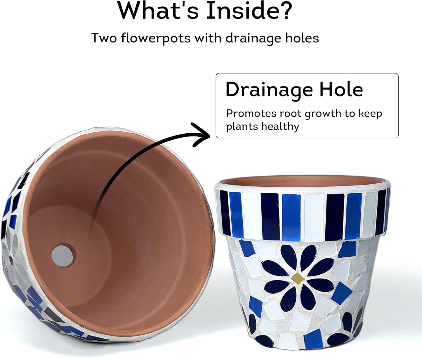 Lily's Home Set of 2 Flowerpots with Mosaic Pattern. Decorative Plant Pots with Drainage Holes for Indoor Outdoor, Perfect for Snake Plants, Succulents,Terracotta. Pots are 4 9⁄10 & 4 ¼ inch Height.