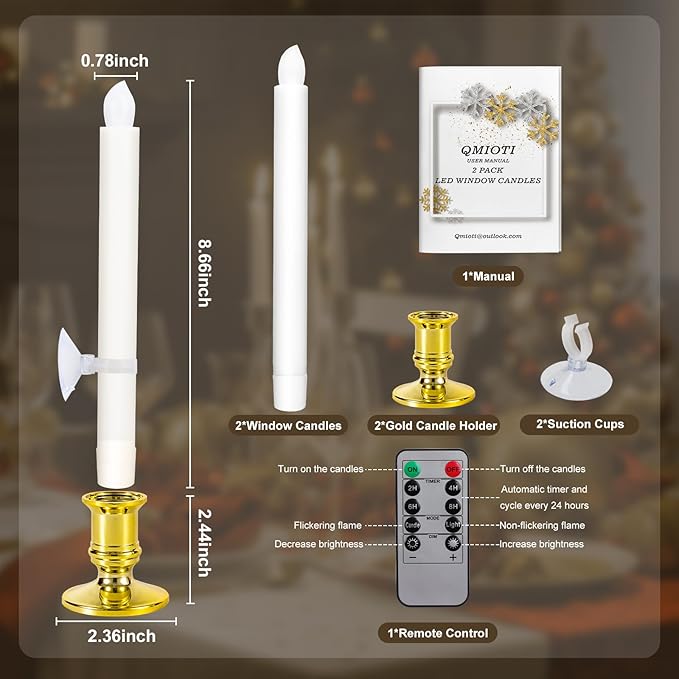 2 Pack Christmas Window Candles with Remote Timer, Flickering Flameless Candles with Candle Holders Suction Cups for Christmas Party Decorations, Gold