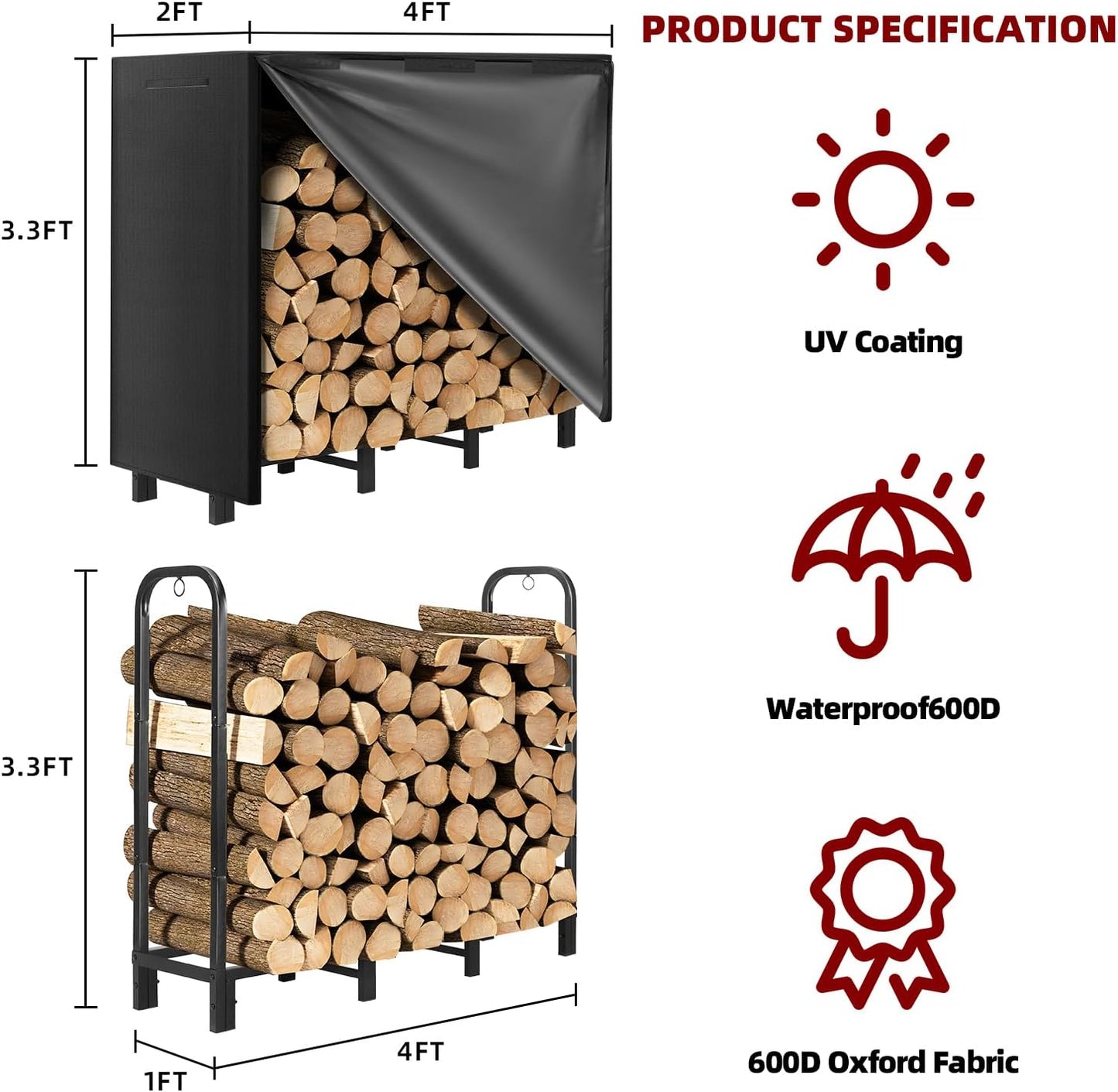 4FT Firewood Rack with Waterproof Cover,Heavy Duty Firewood Storage Log Holider for Outdoor&Indoor,Fireplace Wood Rack with 600D Oxford Fabric