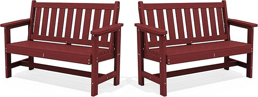 SERWALL Outdoor Bench, HDPE Outdoor Benches Weatherproof, 2-Person Garden Bench with 660 lbs Weight Capacity, Patio Benches for Outdoors, Garden, Porch, Backyard and Park, Red, 2 Pack