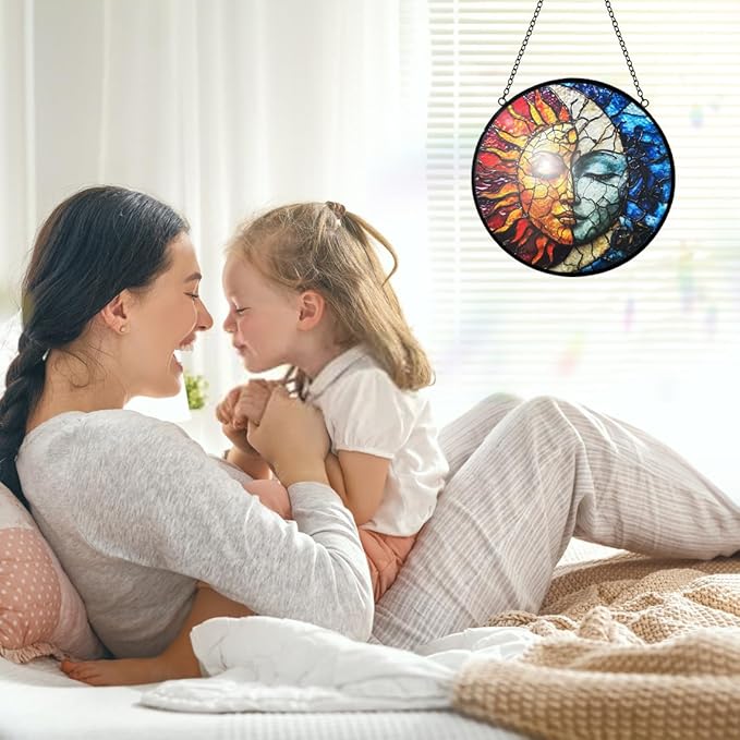 Sun and Moon Decor Suncatcher Stained Glass Window Hanging - Wall Art Stained Glass Suncatchers for Windows Hanging - Home Sun Catchers Indoor Window with Chain - Celestial Decor Gifts for Women Mom