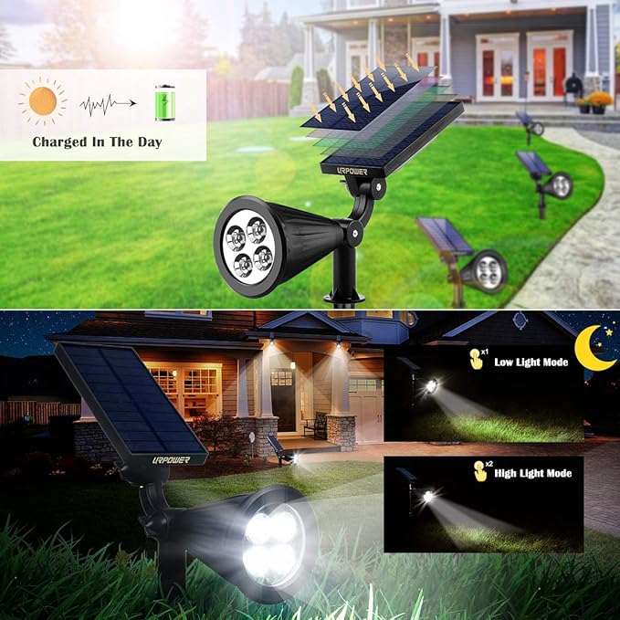 URPOWER Solar Lights Outdoor, Adjustable Solar Spot Lights Outdoor, 2-in-1 Waterproof Solar Landscape Spotlights Wall Light, Dusk-to-Dawn Solar Powered Outdoor Light for Garden, Yard, Pathway (2 Pack)