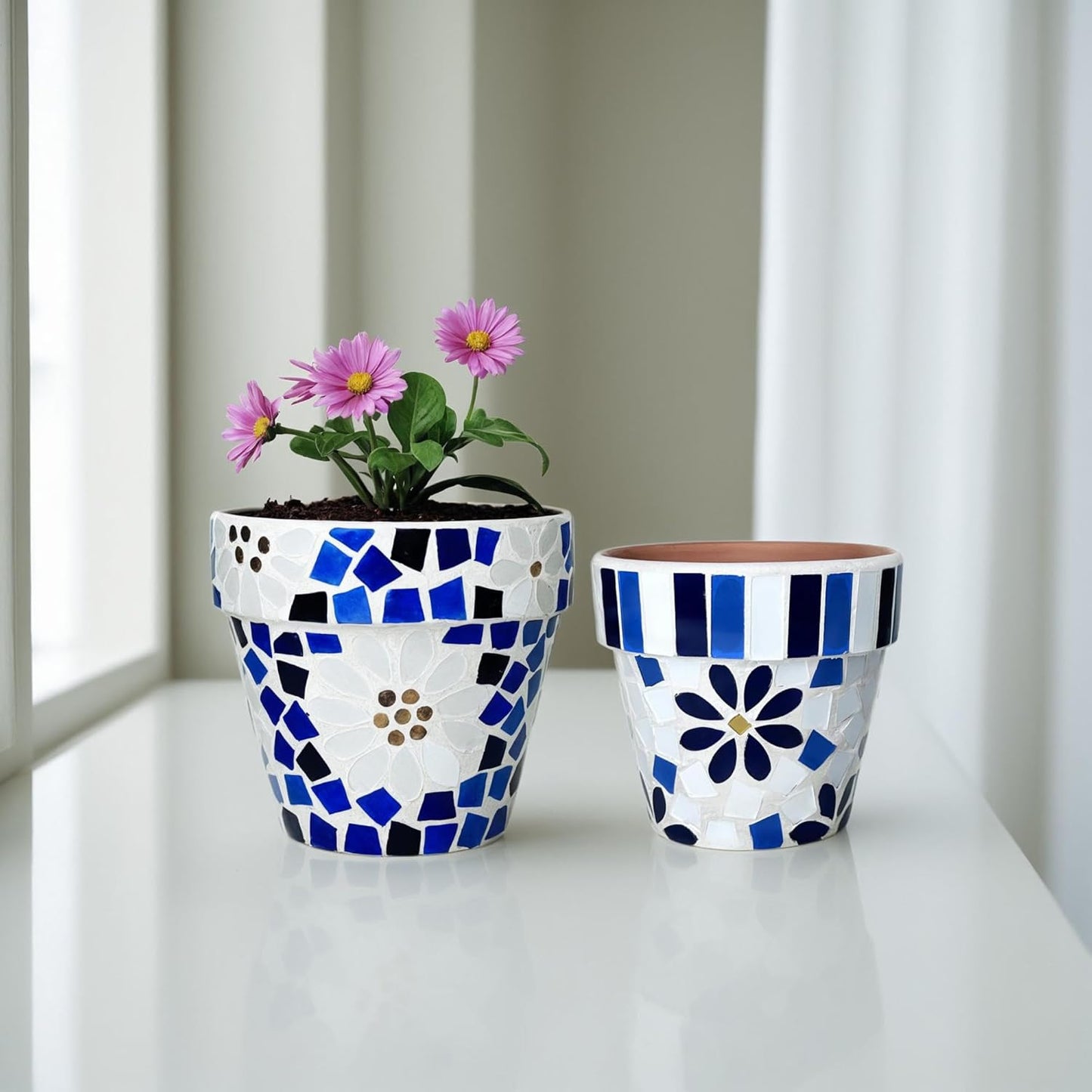 Lily's Home Set of 2 Flowerpots with Mosaic Pattern. Decorative Plant Pots with Drainage Holes for Indoor Outdoor, Perfect for Snake Plants, Succulents,Terracotta. Pots are 4 9⁄10 & 4 ¼ inch Height.