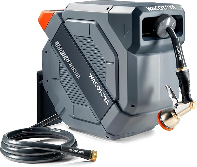 Retractable Garden Hose Reel 5/8 in x 75 ft Professional Metal Bracket & 9-Pattern Metal Nozzle UV Resistant Brass Fitting Heavy Duty Wall Mount Any Length Lock Slow Retraction 180° Swivel