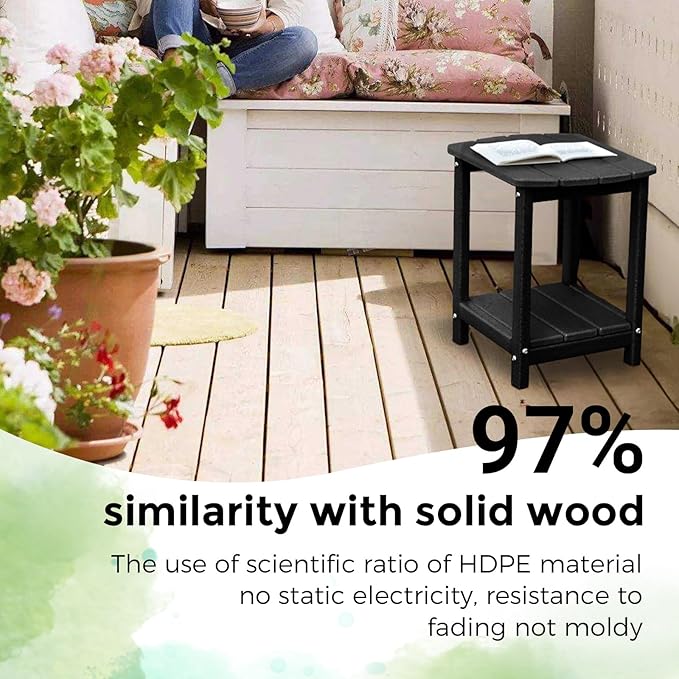 Adirondack Square Outdoor Side Table,2-Tier Storage Patio Side Table, HDPE End Tables for Backyard Pool Porch Garden Lawn(Black)