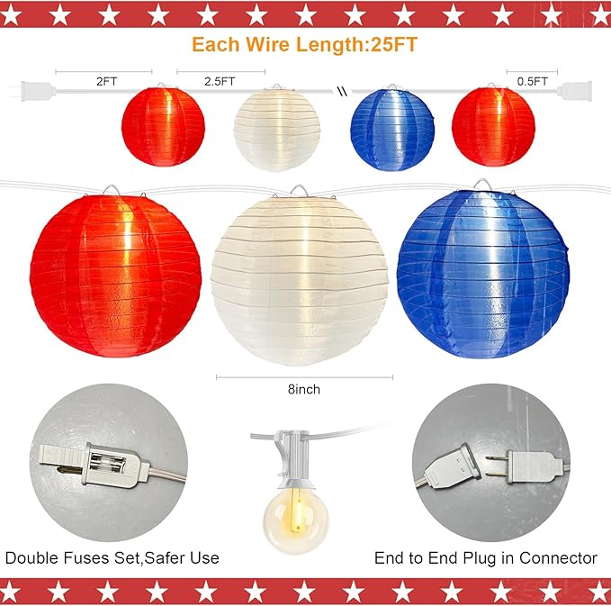 25FT Red White Blue Lantern String Lights Plug in, Large Lantern 4th of July Decor Lights with 10 G40 LED Bulbs, Chinese Hanging Outdoor Patio Lanterns for Independence Day Memorial Patriotic Party