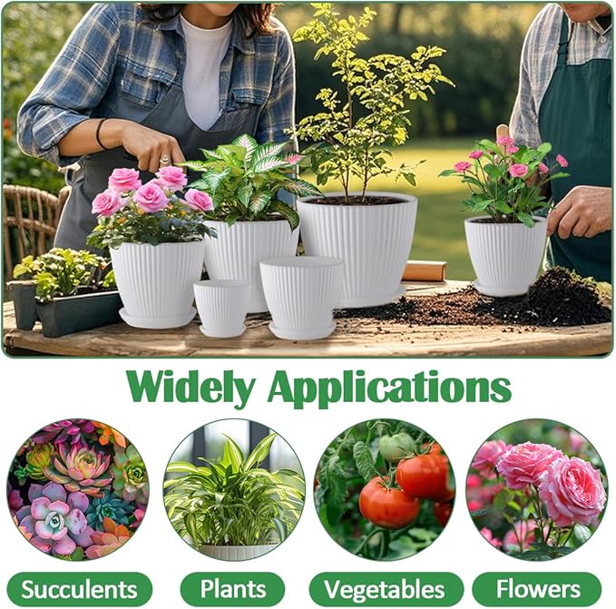 7.5/6.5/5.5/4.9/4.2/3.5 Inch Plant Pots, Plastic Flower Pots with Drainage Holes and Plate, Indoor/Outdoor Plant Planters with Different Size, 6 Pack Durable Pots for Plants, White