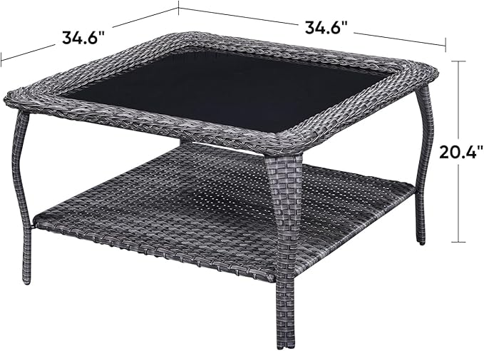 Patio Tables Outdoor Coffee Table - Wicker Rattan Coffee Tables with 2-Tier Storage Shelf Glass Top for Proch Deck Balcony Garden Squre Mixed Grey