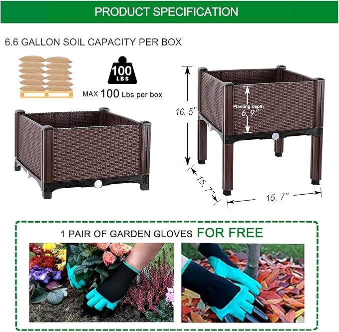 Emalie Raised Garden Beds Elevated Plastic Planter Box with Drainage Plugs Perfect for Vegetables Flowers Herbs Growing Outdoor, 63.0" Lx15.7 Wx16.5 H Brown
