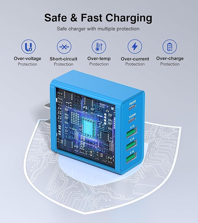 [2-Pack] USB C Wall Charger, 50W USB C Charger Block 5-Port PD Fast Charging Blocks,2USB C+3USB A Multiport Plug,Type C Power Adapter Brick Cube for iPhone 16/15/14/Pro,iPad,Samsung,for Switch（Blue）