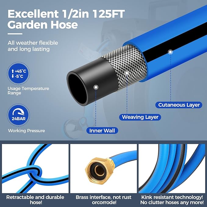 Retractable Garden Hose Reel, 1/2" x 131FT Heavy Duty Automatic Retractable Hose Reel Wall Mount, with 10- Function Sprayer Nozzle, Any Length Lock/Auto Rewind/180°Swivel