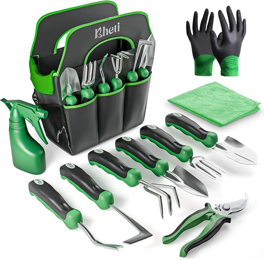 KHETI Garden Tools Set for Gardening - 11 Pieces 2mm Heavy Duty Stainless Steel Includes Spade Shovel Perfect for Digging and Gardening, Garden Tool Kit, Ideal Gardening Tools for Women and Mothers