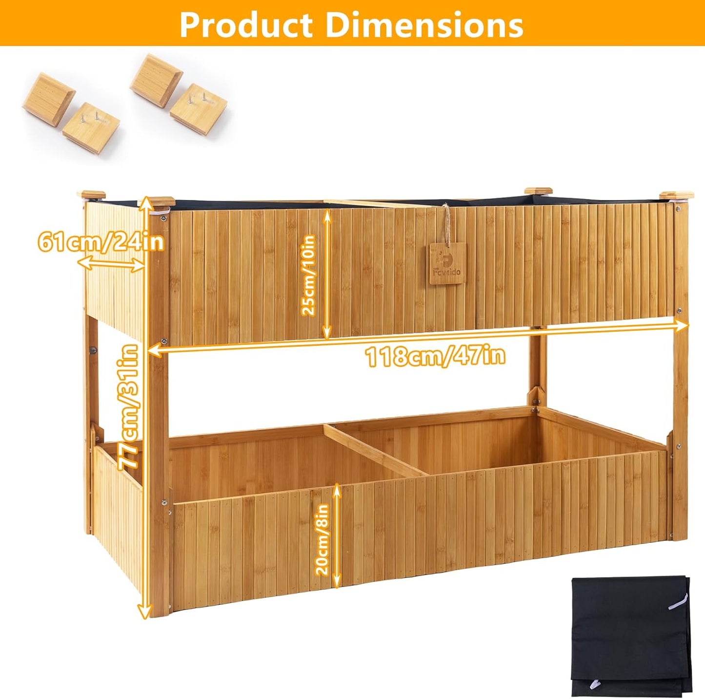 Raised Garden Bed - 2-Tier Elevated Planter Box for Herbs, Vegetables, Succulents & Flowers | 48x25x30 Inch Standing Growing Bed | Outdoor/Indoor Bamboo Planter