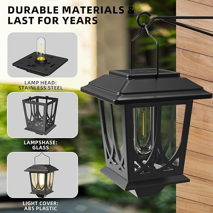 Solar Lanterns Outdoor Waterproof 2 Pack, Glass Auto On/Off LED Hanging Solar Lights, Outdoor Lantern with Wall Mount for Yard Fence Patio - Black