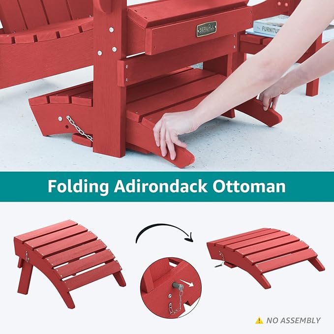 SERWALL Folding Adirondack Footrest, All Weather Adirondack Ottoman Without Assembly, Red