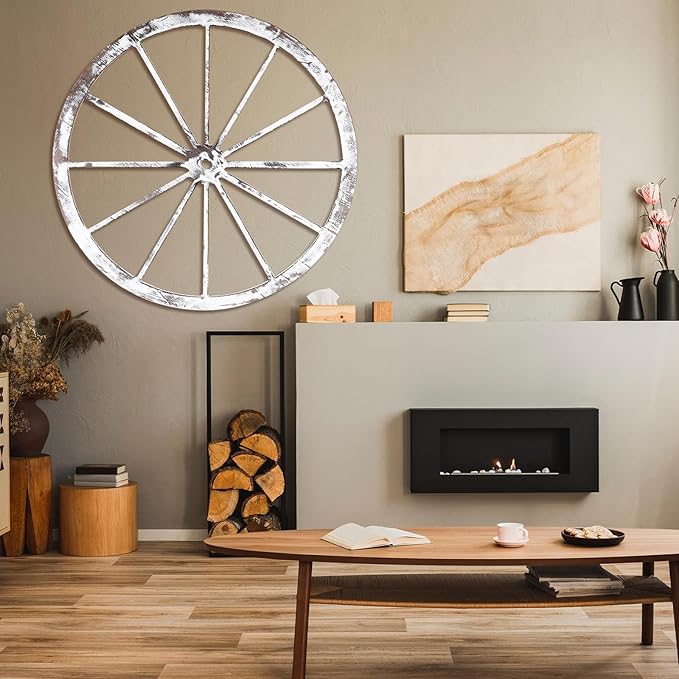 Wood Wagon Wheel Decorative Old Western Style Wagon Wheel Decor Vintage Rustic Wall Hanging Wood Cartwheel Decor for Garden Bar Patio Garage Farmhouse(30 Inch,Old White)