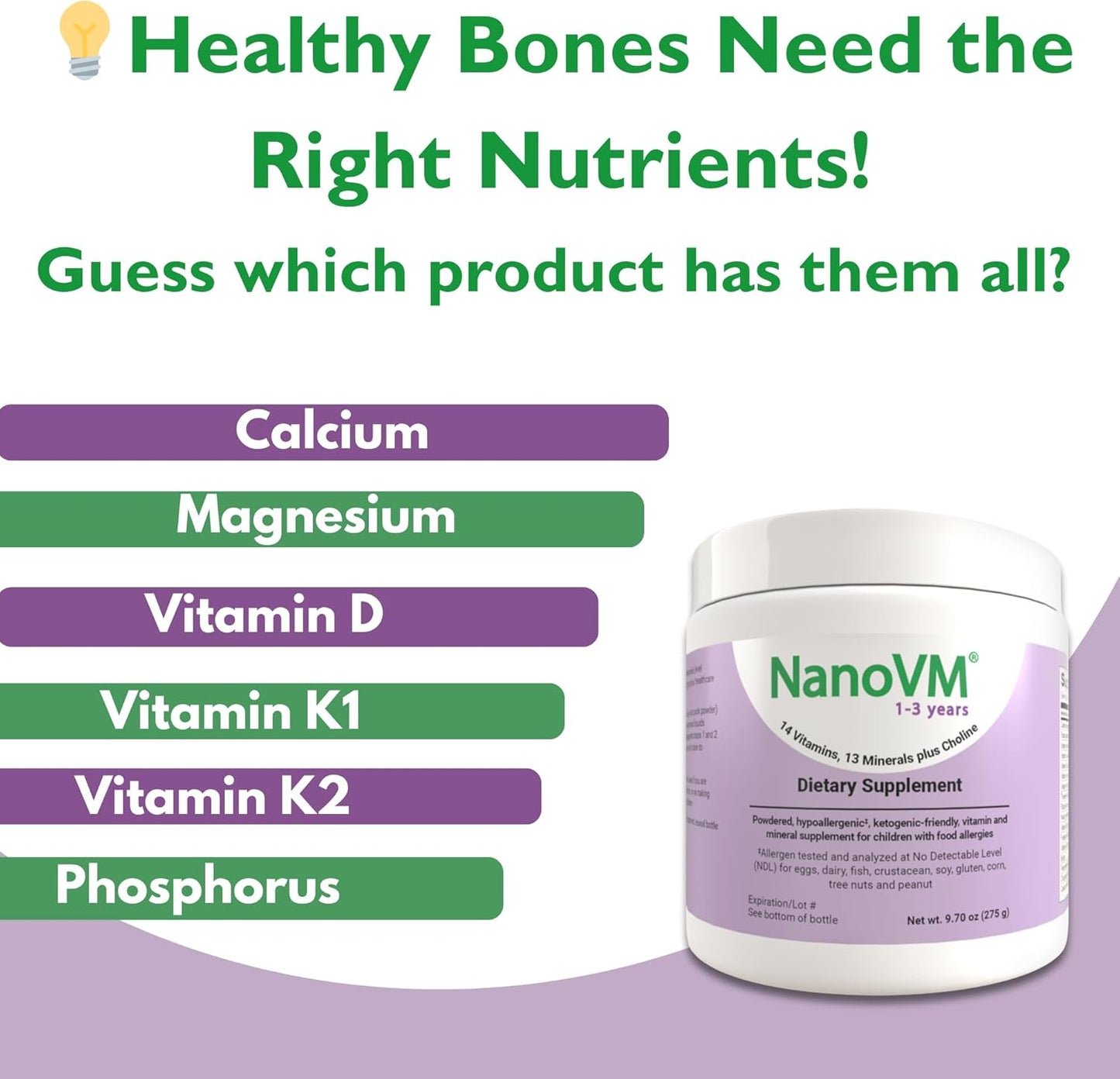 1-3 Years, Allergen-Free Multivitamin for Kids, Unflavored Dietary Supplement, Powdered Supplement with 14 Vitamins & 13 Minerals, Low-Carbohydrate Toddler Vitamins, 275g - Solace Nutrition