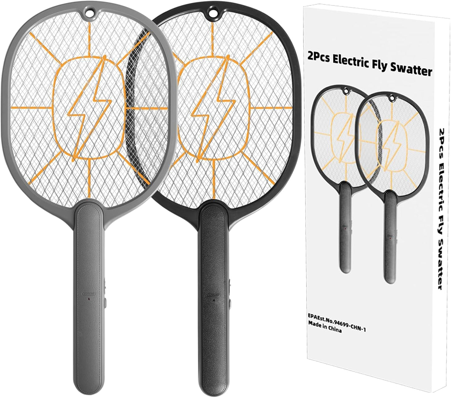 Electric Fly Swatter 2 Pack (Black & Gray), High-Voltage Bug Zapper Racket for Mosquitoes & Flies, Safe Protective Mesh, Indoor/Outdoor AA Batteries Required, Not Included