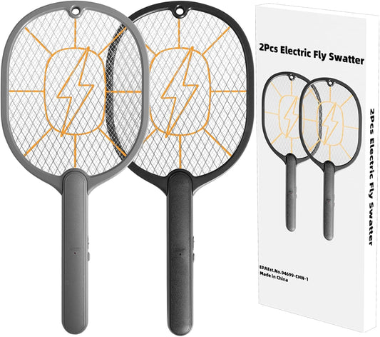 Electric Fly Swatter 2 Pack (Black & Gray), High-Voltage Bug Zapper Racket for Mosquitoes & Flies, Safe Protective Mesh, Indoor/Outdoor AA Batteries Required, Not Included