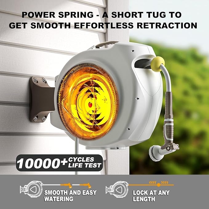 Retractable Garden Hose Reel, 1/2 in 100+6 ft, Heavy Duty Wall Mounted Water Hose Reel, Spring Power Automatic Rewind, Any Length Lock, 180° Swivel Bracket, 10 Pattern Spray Nozzle